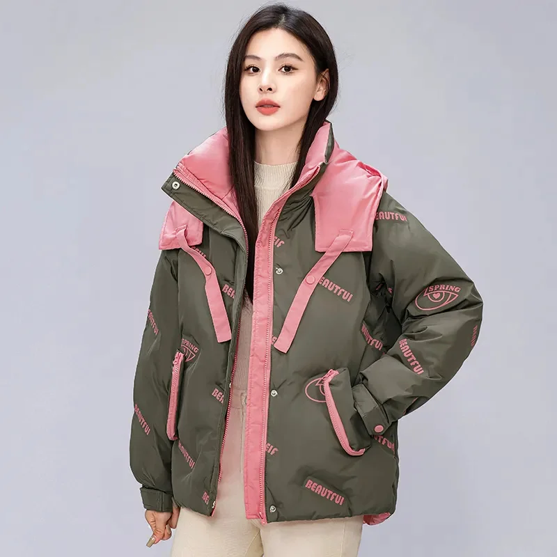 2024 New Print Down Cotton Jacket Women's Thicken Coat Winter Korean Edition Loose Short Hooded Coat Female Warm Parker Outwear