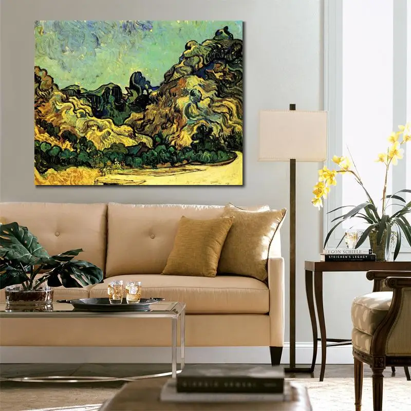 

Art Oil Paintings Mountains at Saint Remy with Dark Cottage Vincent Van Gogh Reproduction Handmade High Quality