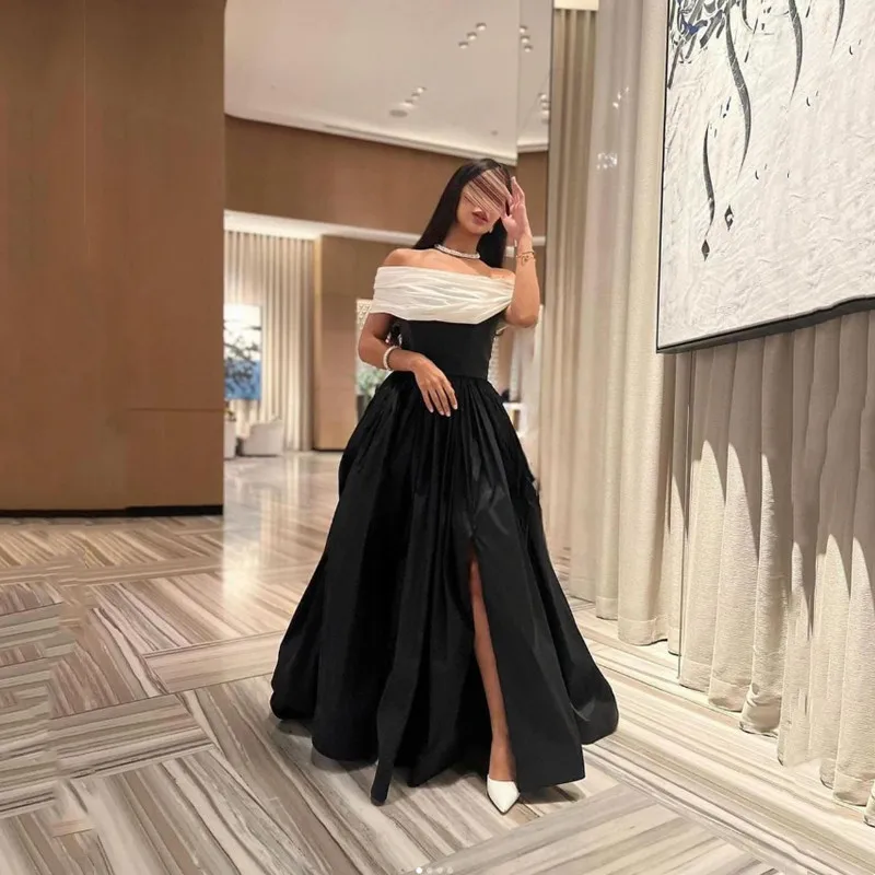 

Aleeshuo Arabia Saudi A-Line Satin Prom Dress Sexy Boat Neck Evening Dress Pleat Off Shoulder High Side Slit Formal Party Gowns