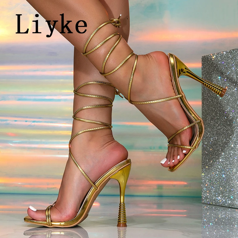 Liyke New Design Spiral Thin High Heels Gold Sandals Women Summer Fashion Square Toe Ankle Cross Strap Ladies Party Dress Shoes view 5