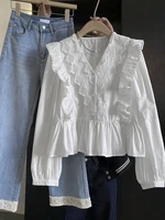 2025 otoño nueva llegada mujer Casual Color sólido encaje Patchwork volantes manga larga Top elegancia de moda