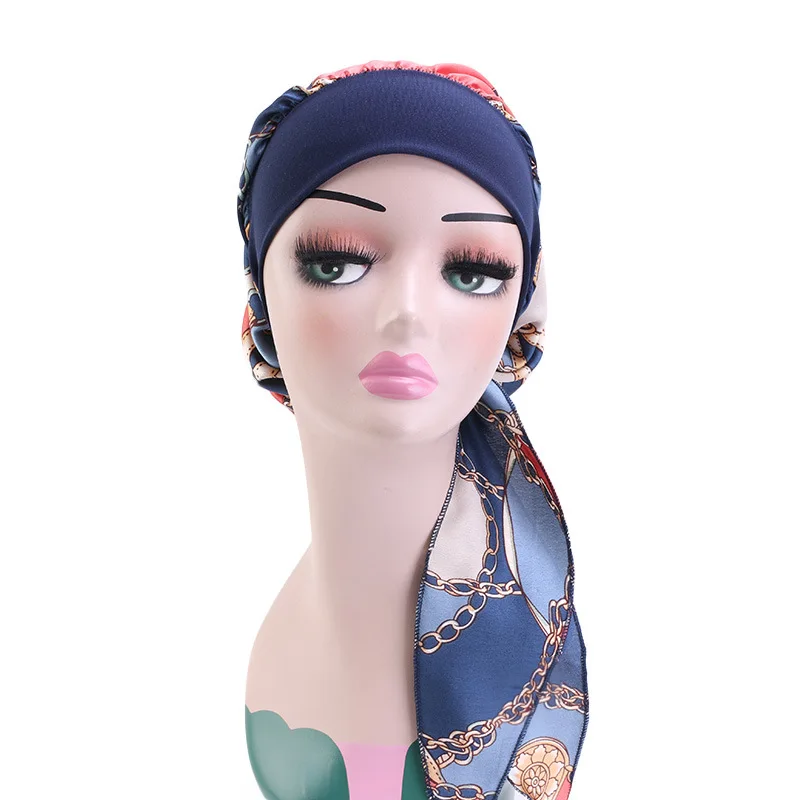 2PCS Women Printed Pre-Tied Turban Cap Long Tail Headscarf Strechy Bandana Muslim Hijab Inner Caps Hair Loss Cover BeaniesBonnet