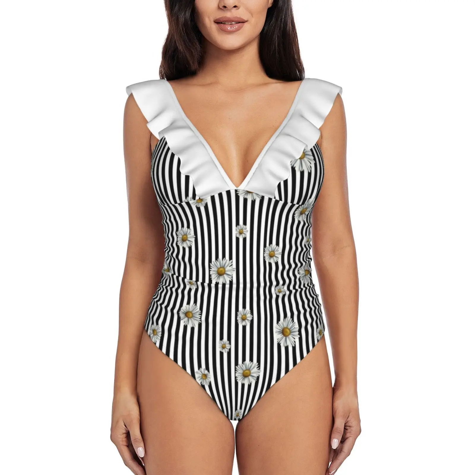 

White Daisy Print Sexy Ruffle Print Swimwear Women One Piece Swimsuit Female Monokini Bathing Suit White Daisy White Black And