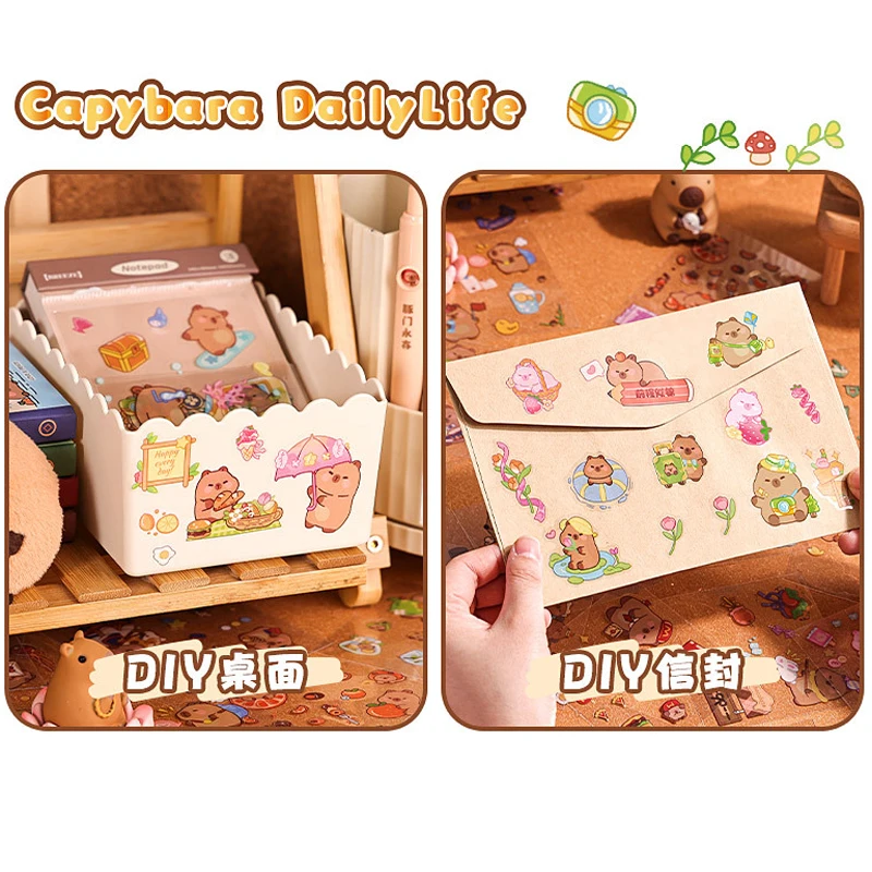 100pcs Kawaii Capybara Sticker Waterproof PET Gift Box Sticker Scrapbook Stickers Pack Diary Decoration Children\'s Stickers