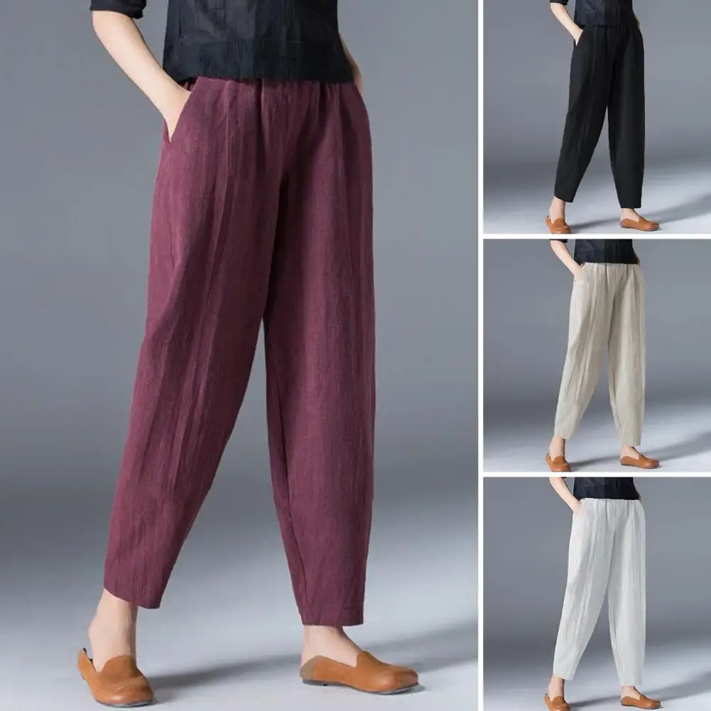 2024 New Summer Minimalist Casual Fashion Retro High Waisted Pocket Loose Cotton Linen Nine Point Pants for Women