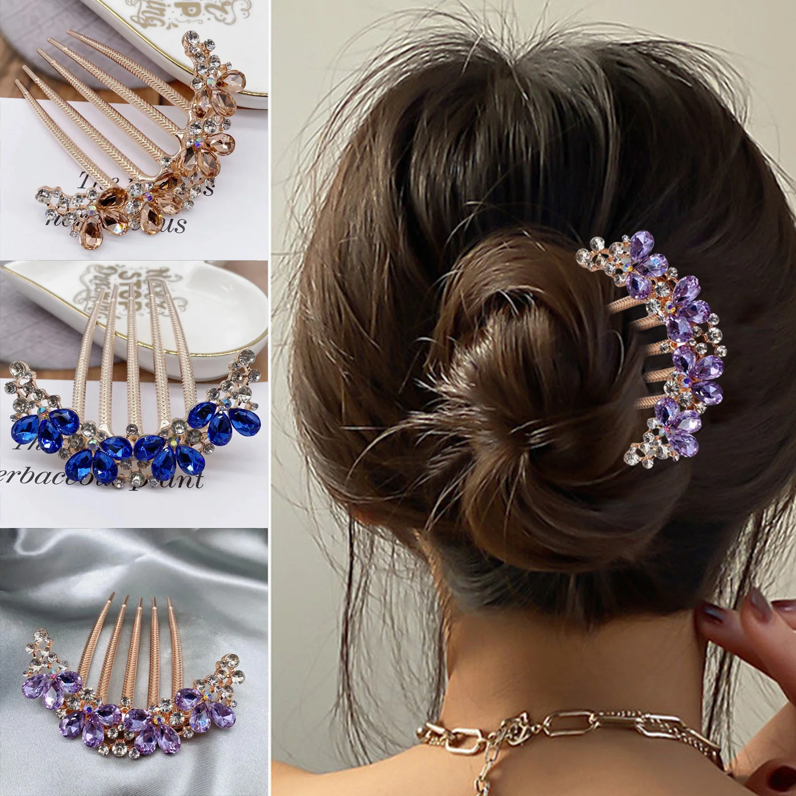 

Блестящие свадебные гребни для волос со стразами, фиолетовые/синие/шампанское, заколки для волос с кристаллами, держатель для хвоста, ювелирные изделия для невесты, подружек невесты