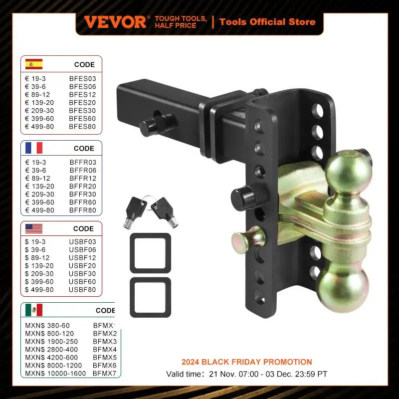 VEVOR-Boule d'Attelage de Remorque Réglable, 2 Récepteurs en Vrai, 6 Pouces, Tube Solide en Acier,