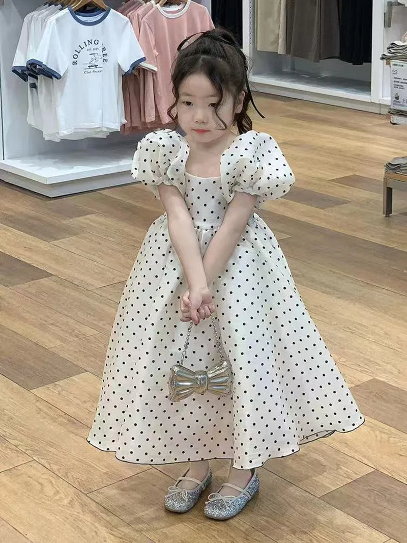 

2025 Trendy Baby Girls Dress Summer New Style Children's Polka Pearl Yarn Dress Little Girls' Bubble Sleeve Princess Dress