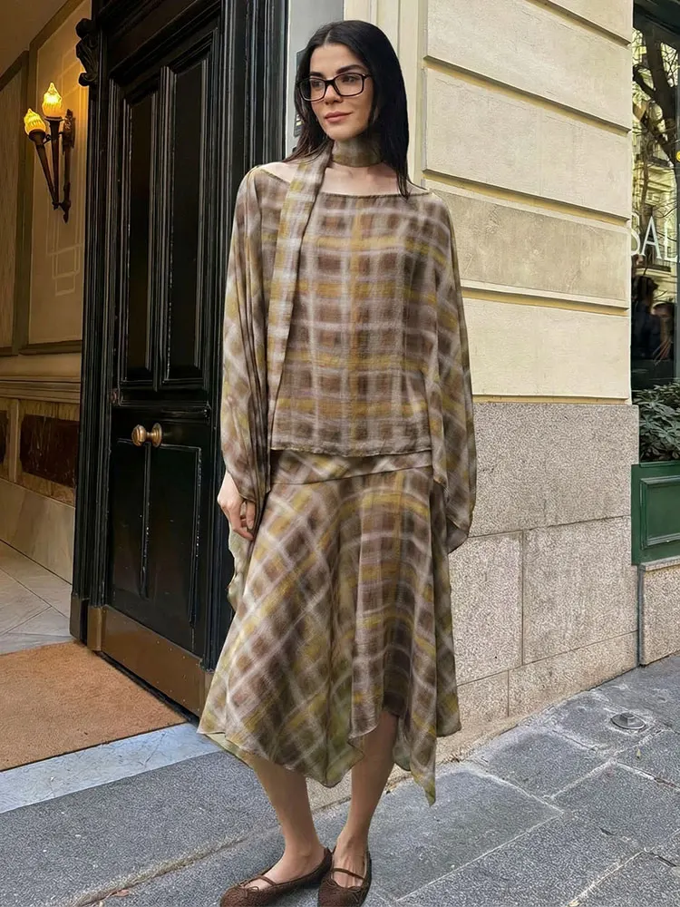 HH 2026 Frühling Karierte Midi-Rock-Sets für Damen Elegante Schulterfreie Bluse mit Schalkragen Umhang-Oberteile Lässiger Midi-Rock Streetwear