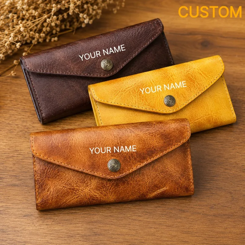 Handmade Vintage Vegetable Tanned Leather Long Wallet for Women Large Capacity Phone Clutch Cash Purse Personalized Engraving