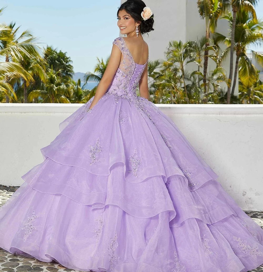 Evlast Lilac ชุด quinceanera คริสตัลเม็กซิกันชุดไปงานเต้นรำ beading appliques ชั้นรัดตัว Sweet 16 vestidos de XV anos TQD125