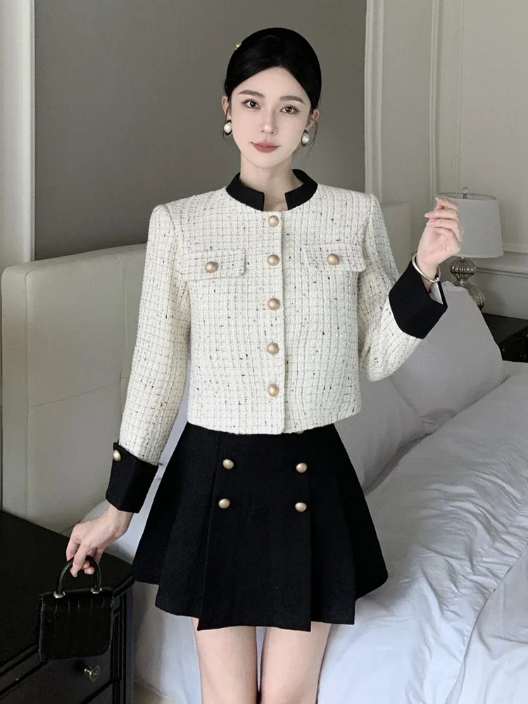 High Quality Small Fragrance Two Piece Set For Women Short Tweed Jacket Coat + Pleated Skirt 2 Piece Suits Conjuntos Femininos