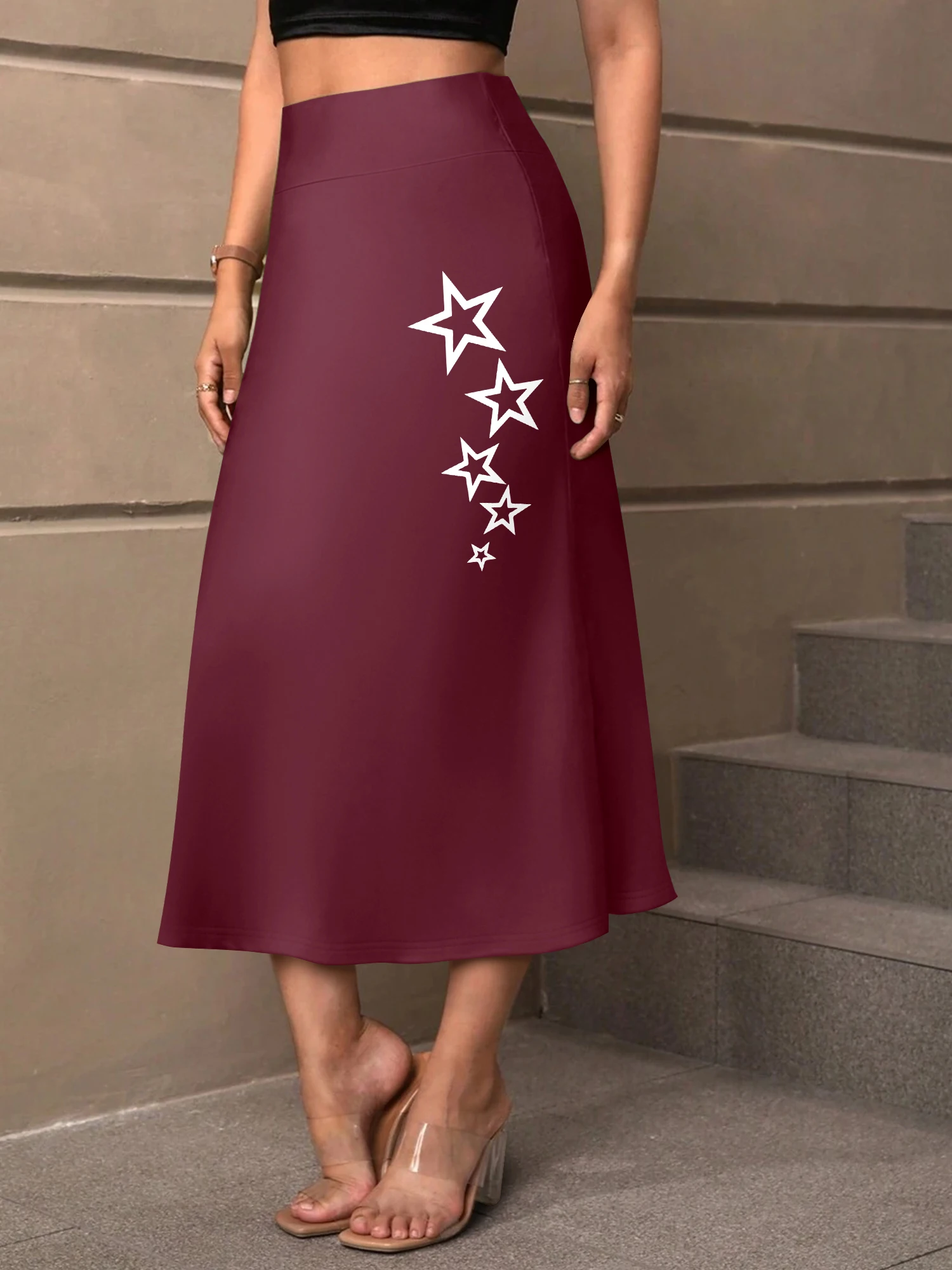 

Casual High Waist Flowy Midi Skirt, Gradient Five-pointed Star Vertical Print A-line Mid Calf Ladies Skirt