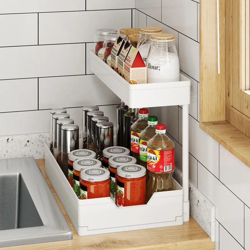 Kitchen Organizer 2 Tier Under Sink Storage  Pull Out Drawer Cabinet Basket   Rack Spice  Shelf