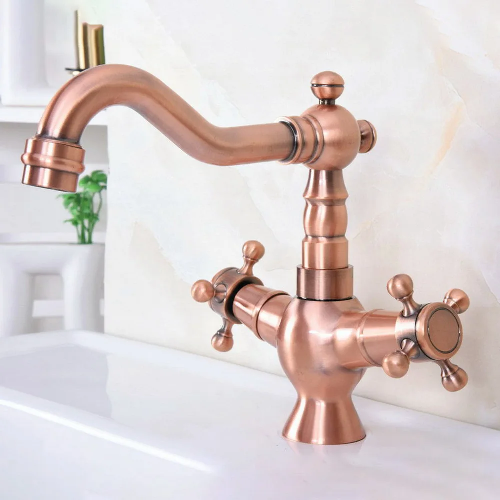 

Washbasin Faucet Dual Handle Single Hole Kitchen Basin Faucet Antique Red Copper Swivel Spout Bathroom Sink Mixer Tap 2nf616