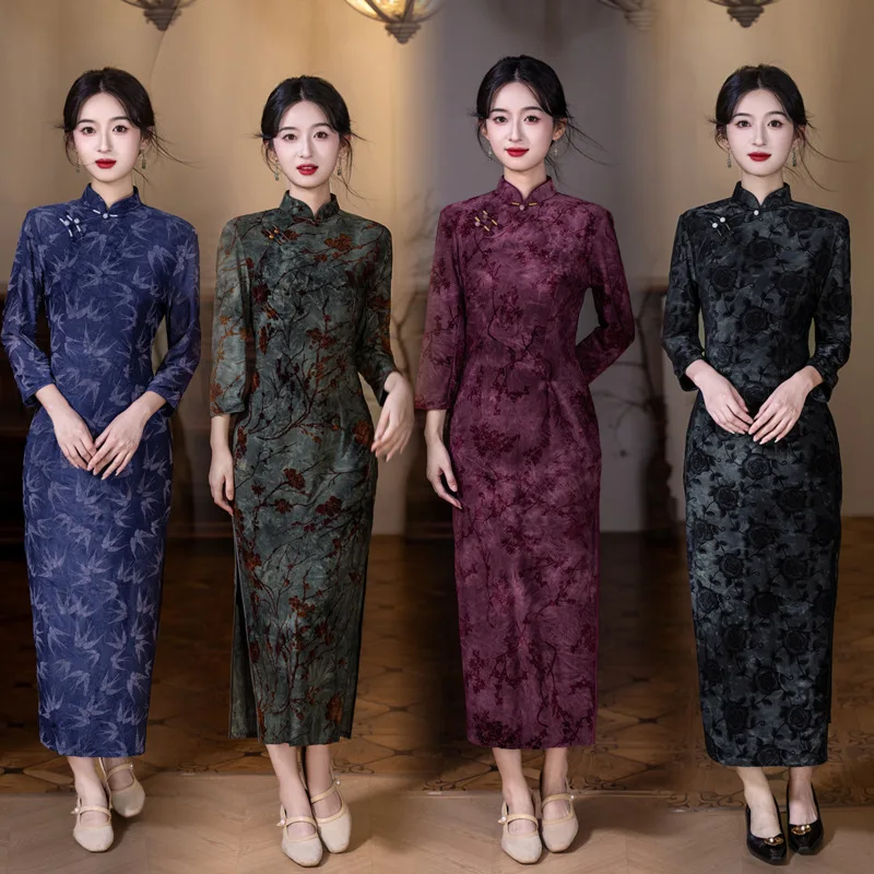 

Осень/зима 2021, новое улучшенное плюшевое платье Cheongsam в китайском стиле, новое женское длинное платье большого размера в китайском стиле Qipao