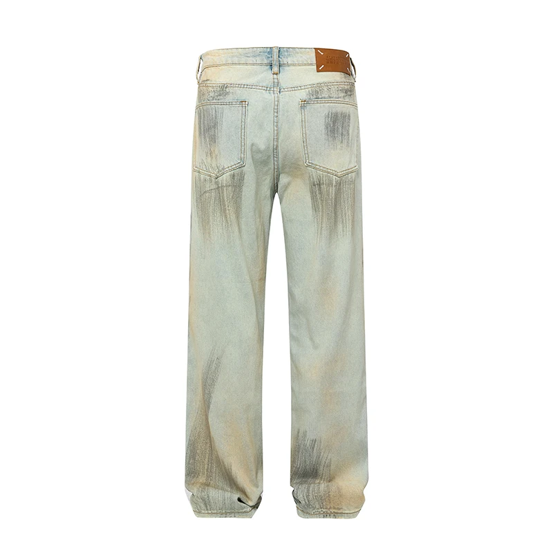 Jean Droit Personnalisé Peint à la Main pour Homme et Femme, Pantalon Long Rétro Bleu Graffiti, High Street Tide At, Nouvelle Collection Automne 2024