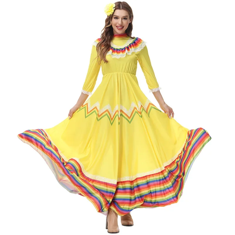 Vestido folclórico mexicano para mulheres, estilo nacional, robe, fantasia de bailarina, povo tradicional mexicano, longo, boêmia