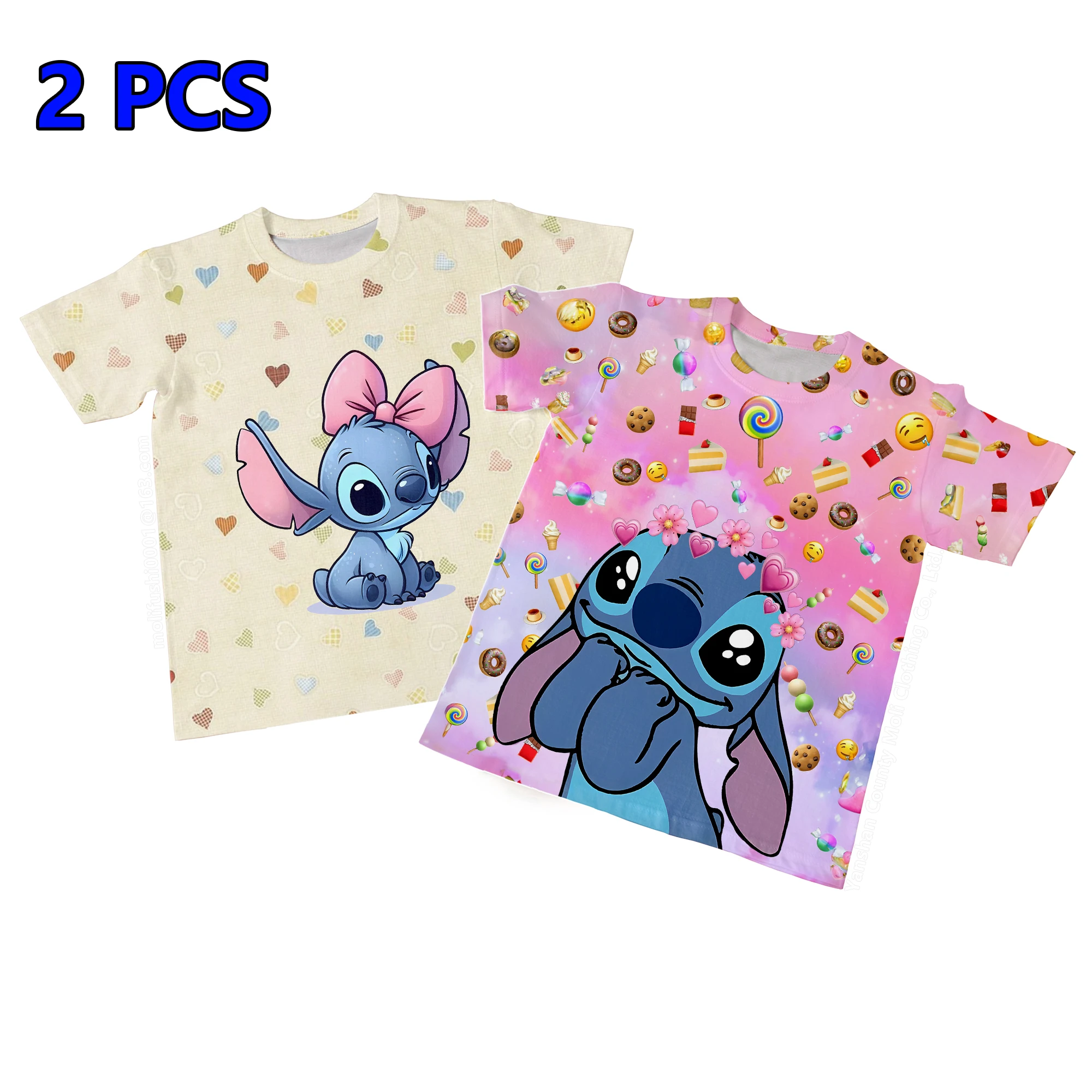 2-delig Disney Stitch T-shirt voor kinderen Cartoon 3D-bedrukte korte mouw Meisjes Leuke top Jongens Veelzijdige vrijetijdskleding Mooie T-shirts