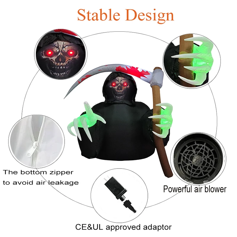 Juguetes inflables de Halloween de 6,8 pies, decoraciones Grim Reaper con LED integrados, explosión para fiestas, vacaciones, decoraciones de patio al aire libre