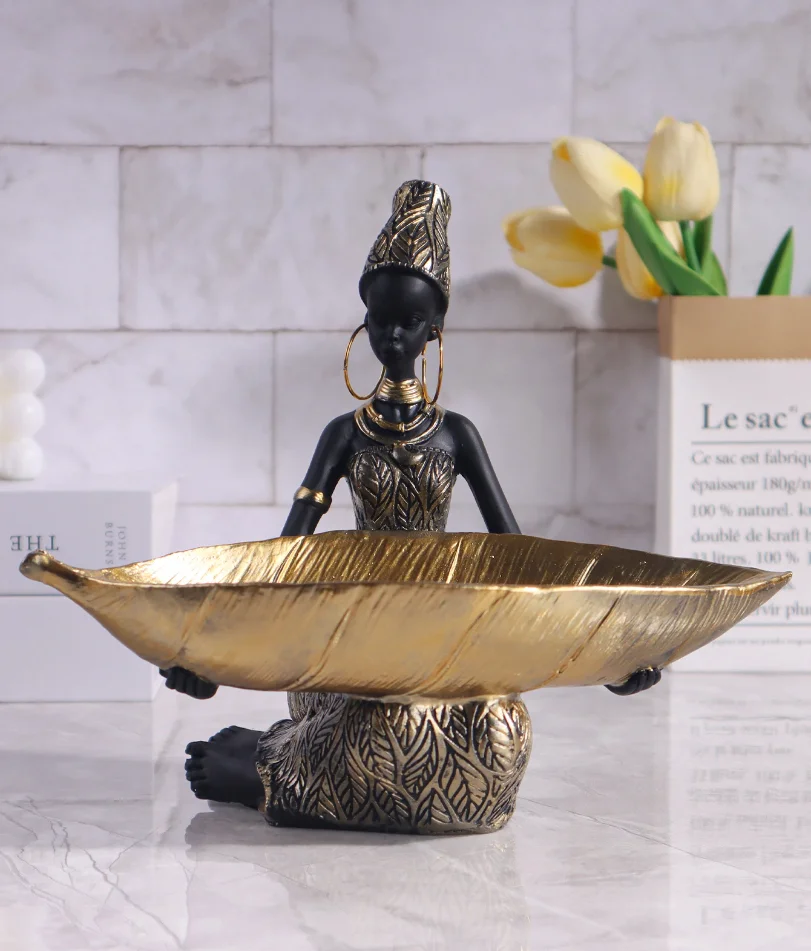 

African Girl Holding a Plate Sculpture, Home and Office Decorative Storage Ornament, Vintage Collectible Craft Deskt Decor