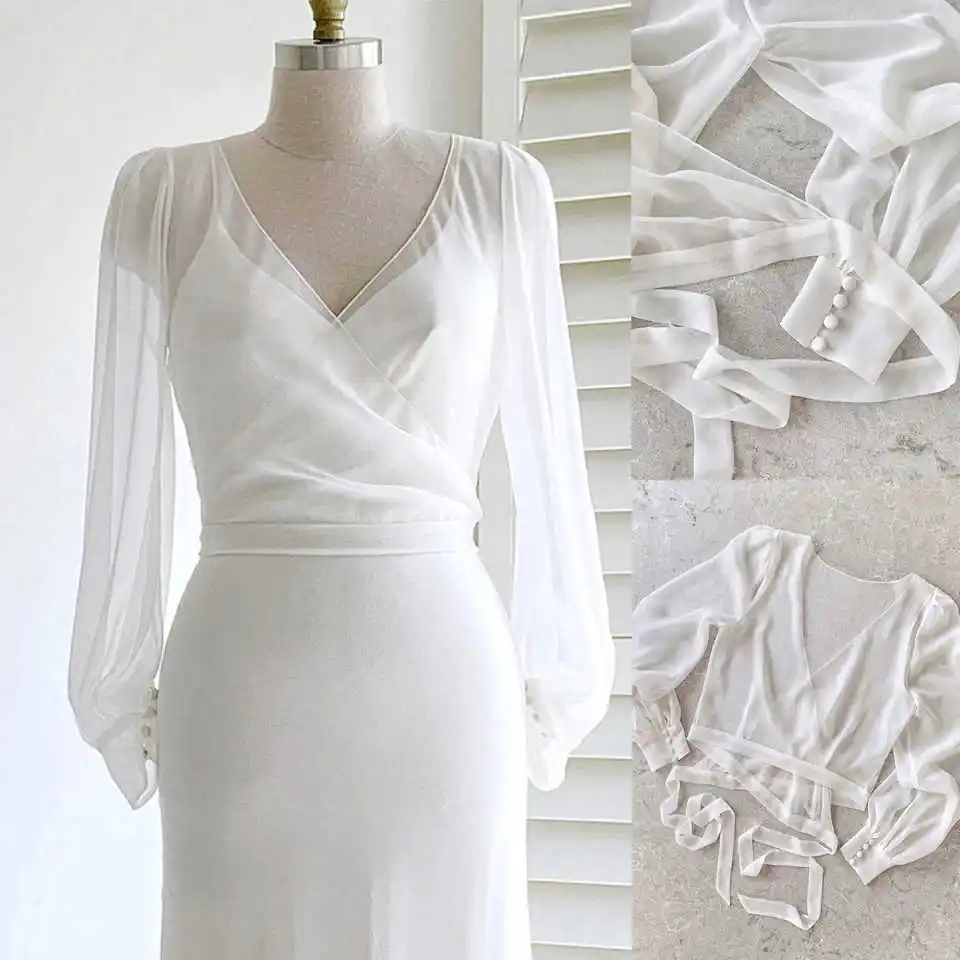 

Simple Long Sleeves Wedding Bridal Jacket V Neck Chiffon Dresses Wraps Bolero Wedding Accessories Custom Made