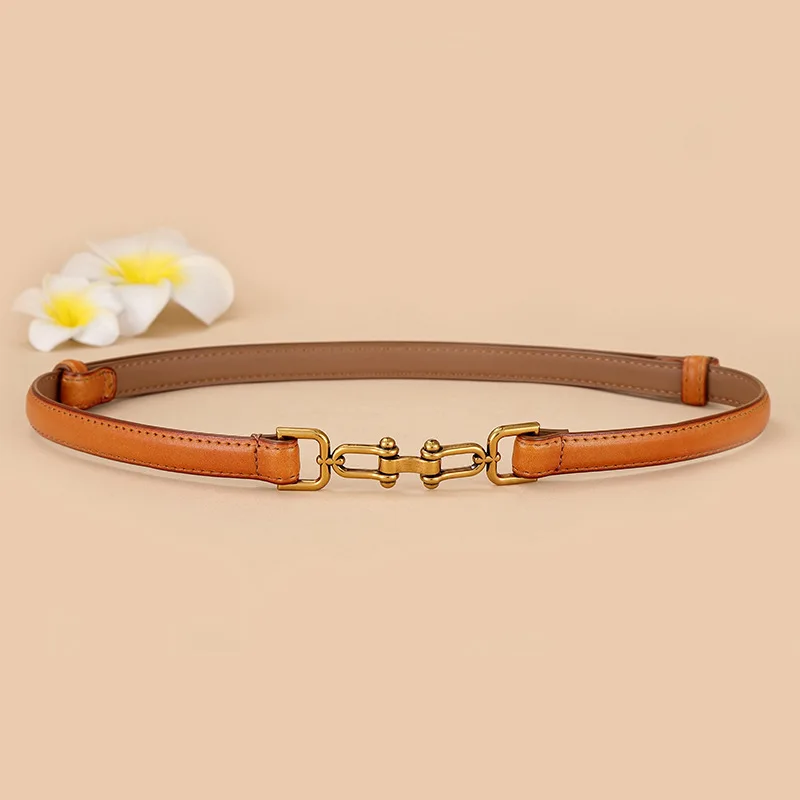 2024 Woman Belt Unique Chain  Brass Lock Buckle Genuine Leather Belt Luxury Designer Female Jeans Dress Waistband Accessories