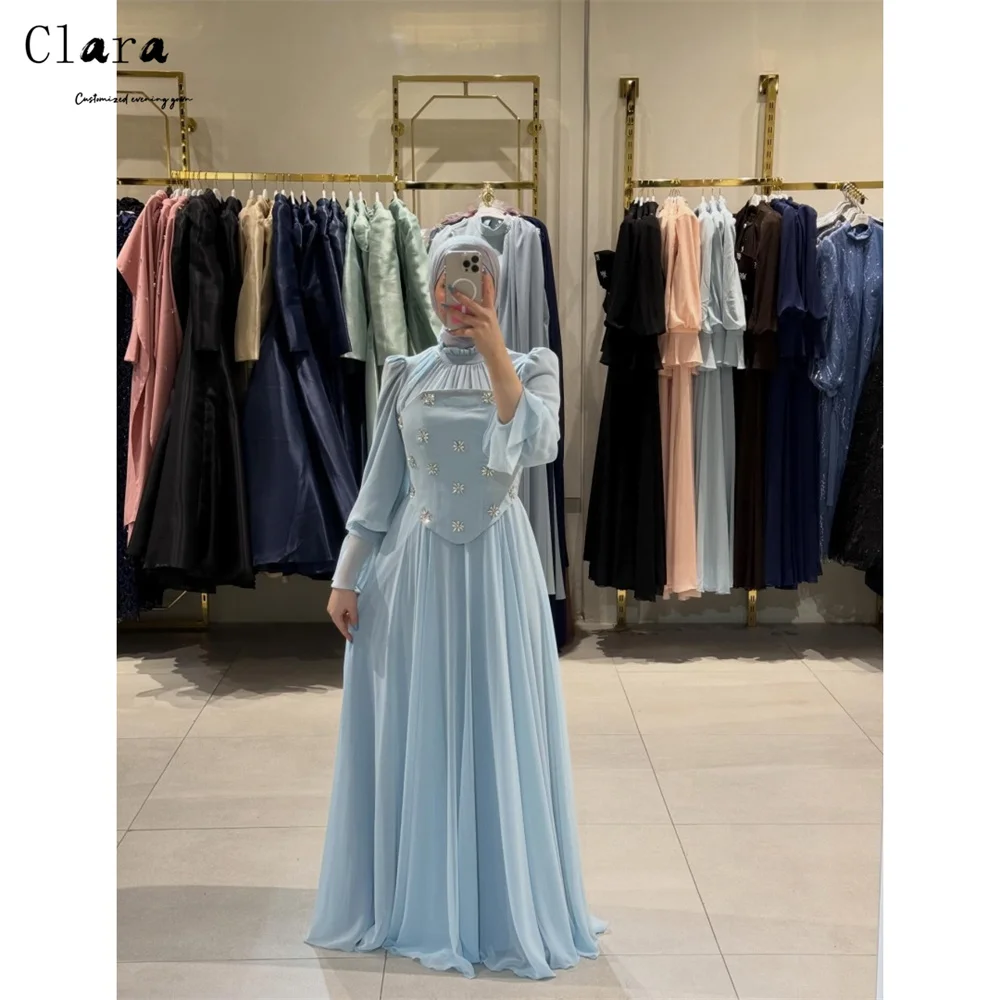 

Clara Custom Blue Rhinestone Round Neck Long Sleeved Shirt Evening Dresses Wedding Guest Dresses Luxury 2026 for Party Elegant