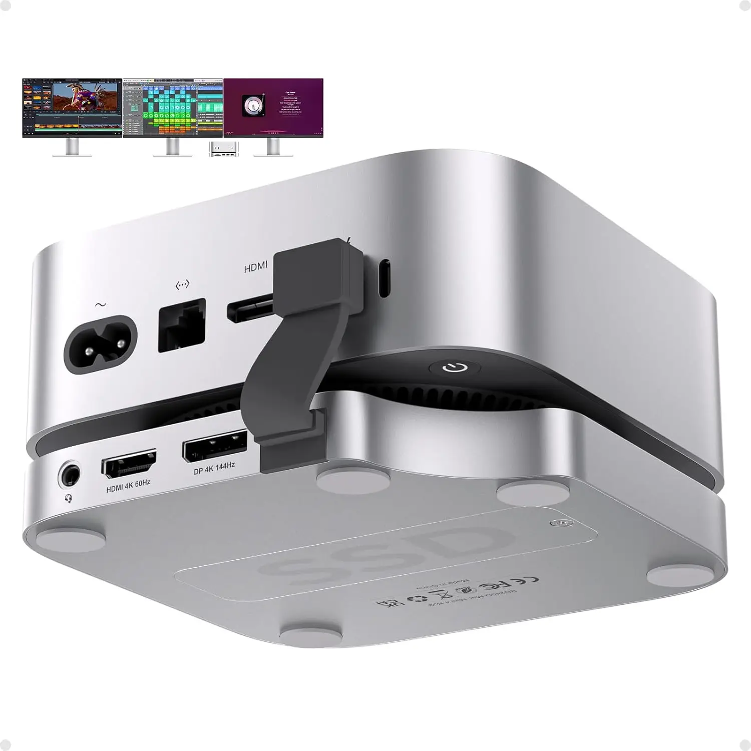 

M4 Mac Mini Dock Stand with 4K Dual Monitor Support, 4TB SSD Slot, USB Hub & Audio Ports