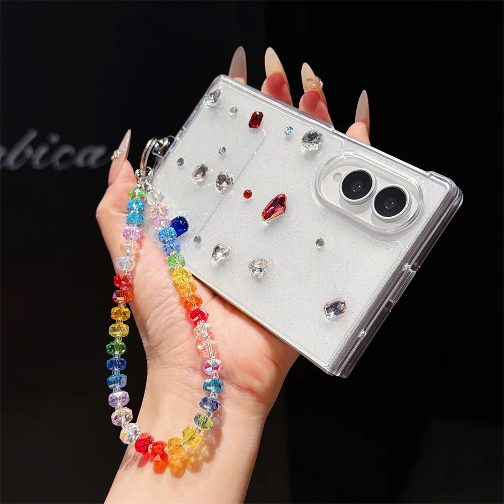 White Glitter Shell 3D Decor With Rainbow Phone Case For Samsung Galaxy Z Fold 8 Shockproof Hard Folding Phone Cover For Women