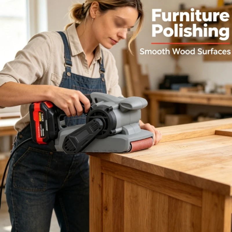 Cordless Belt Sander With Lithium Battery And Adjustable Speed For Wood Polishing In Workshop And Furniture Making