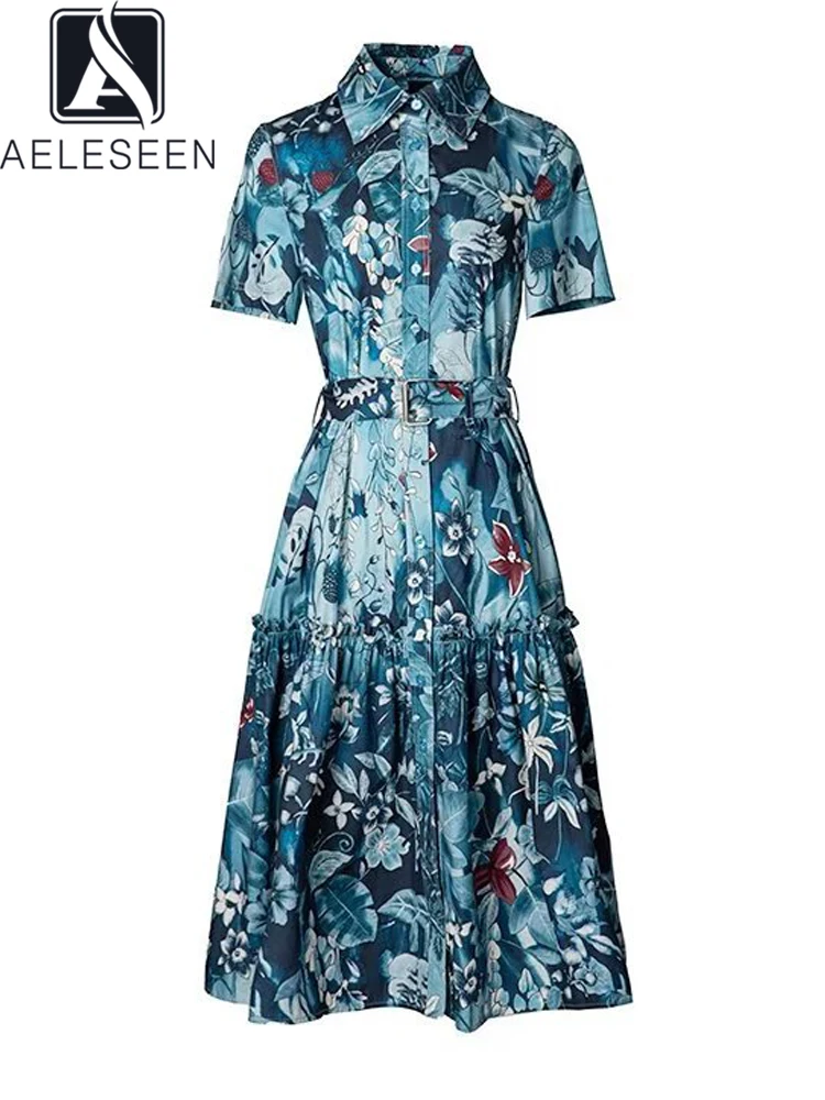 

AELESEEN Designer Fashion 100% Cotton Dress Women Summer Turn-down Collar Blue Flower Print Single-breasted Belt Midi Party