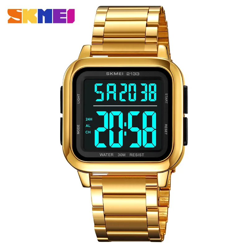 SKMEI Original Watch Stainless Steel Digital Wristwatch Countdown Stopwatch Sport Watches for Man 5 Alarm Clock Waterproof 2133