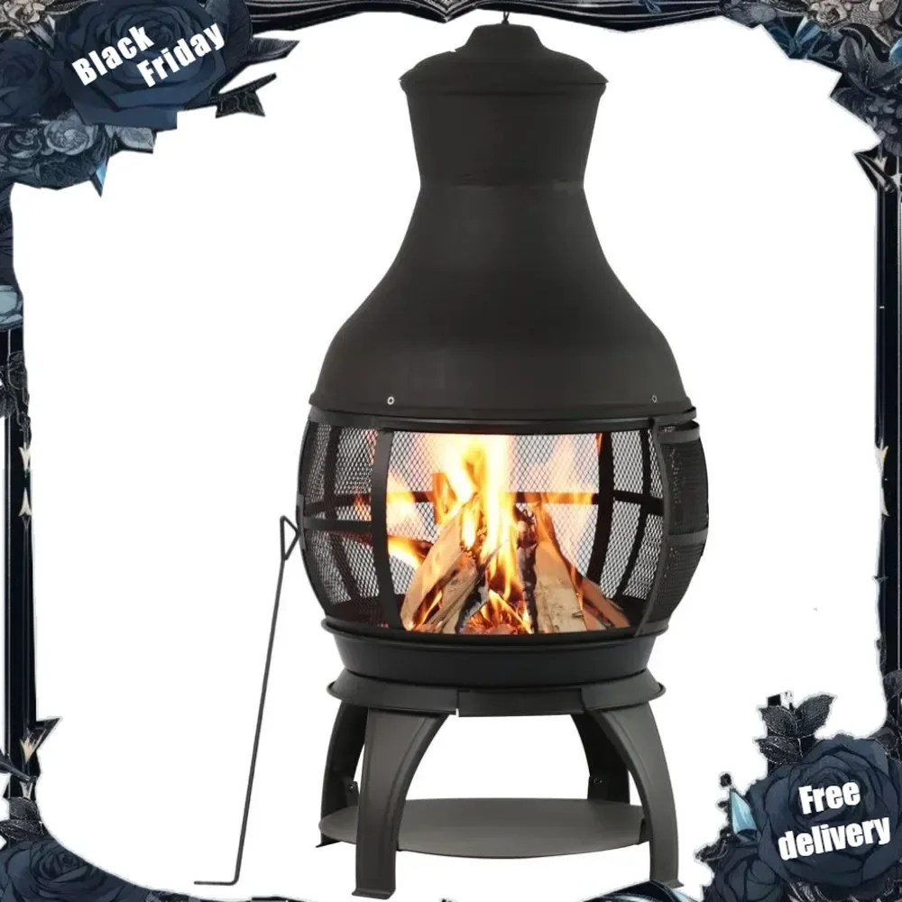 

Wood Burning Fire Pits Chimenea Outdoor Fireplace Wooden Firepit, Brown-Black