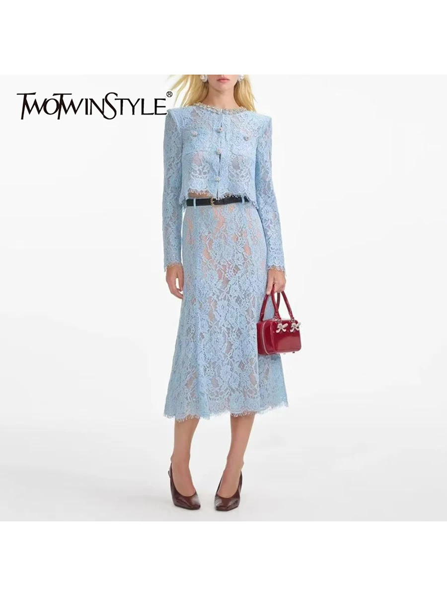 TWOTWINSTYLE Solidny dwuczęściowy zestaw dla kobiet O Neck Long Sleeve Top High Waist Temperament Skirt Chic Sets Female New