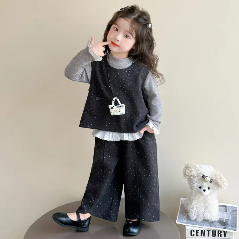 

Three-piece Set Polka Dot Wide-leg Pants Bow Tie Vest Grils Children New Fashionable Autumn Soft Comfortable Korean