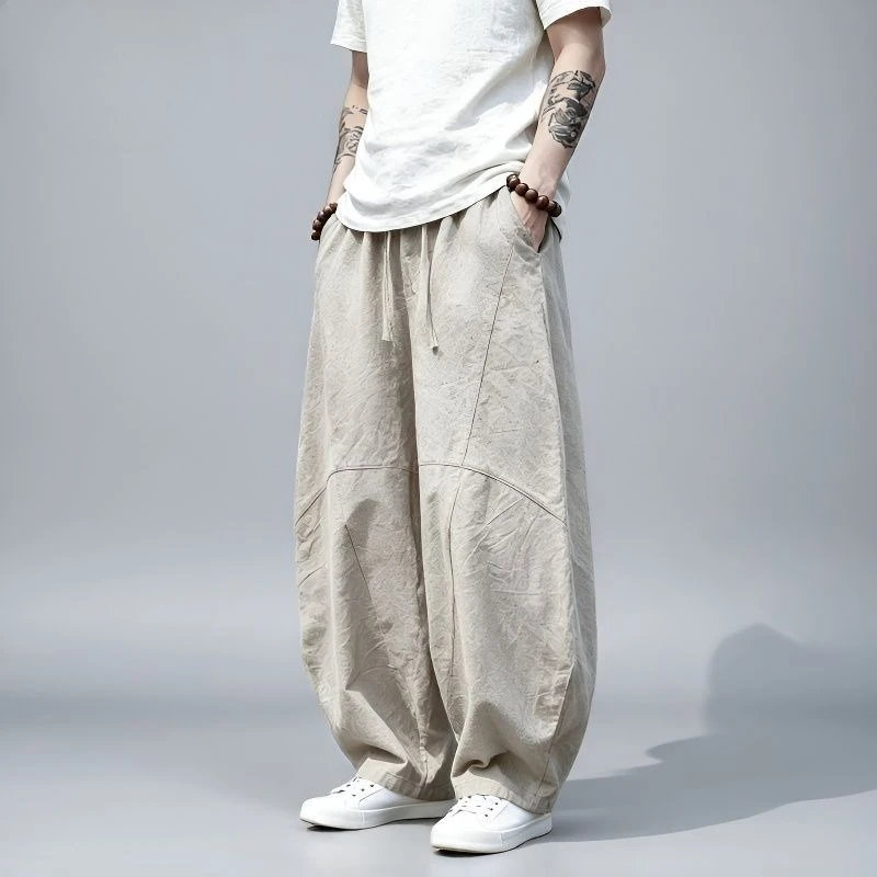 Men's Summer Thin Linen Cotton Blend Curved Pants Loose Wide Leg Chinese Style Lantern Trousers Plus Size Harem Pants