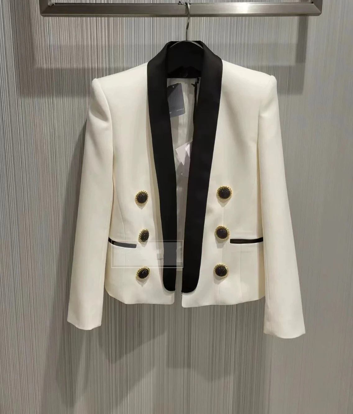 New Double Row Color Collision Metal Buckle Vinyl Linen Small Fragrance Style Jacket 3D Slimming Suit Top Commute Style Long ...
