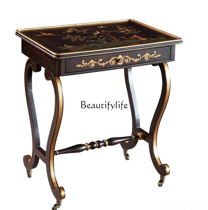 Mini Corner Table Brown Crack Paint Painted Character Flowers and Birds Curved Angle Tea Table with Copper Casters