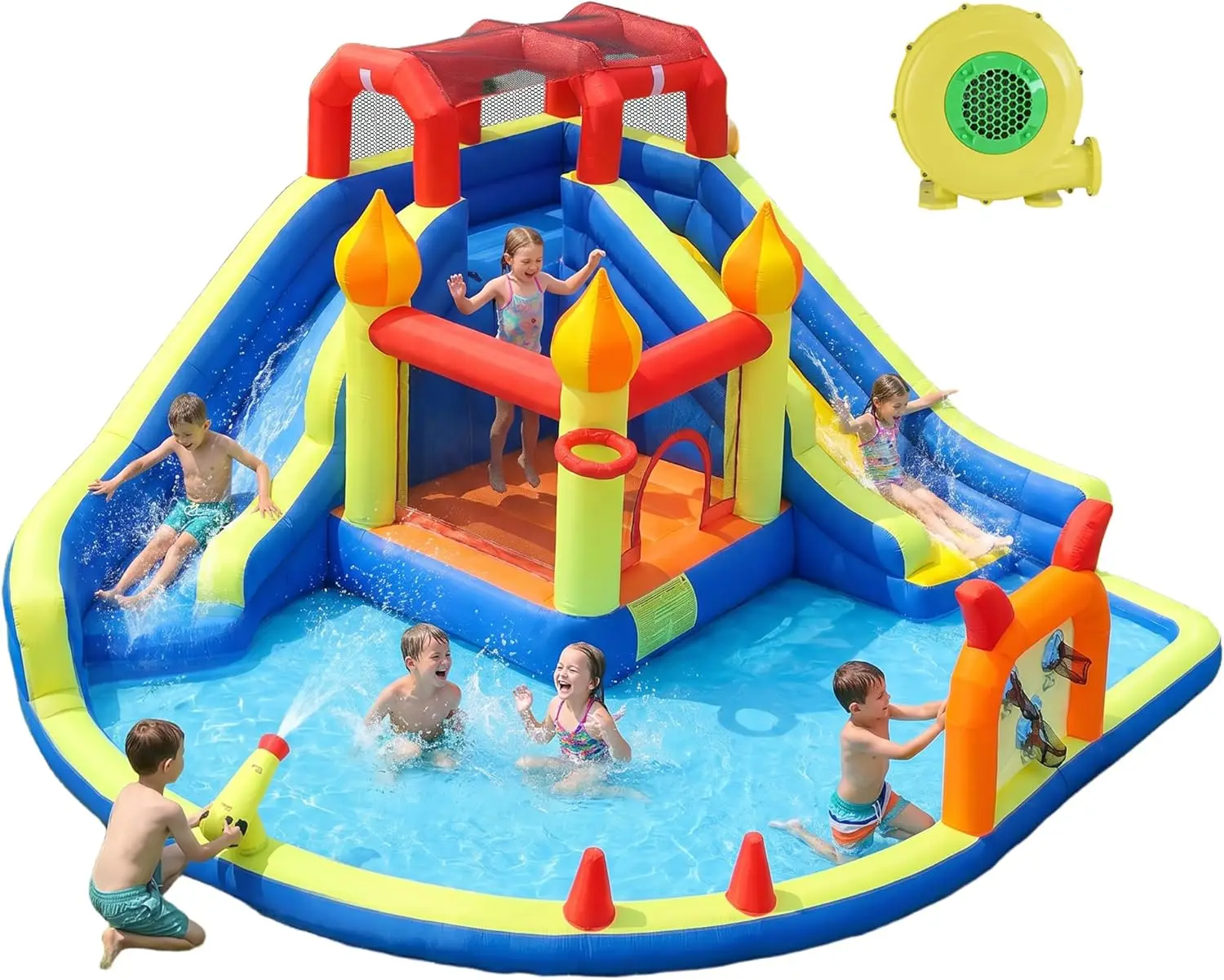 Kids Jumping Castle with Two Long Inflatable Water Slides, Includes 550W Blower for Backyard Outdoor Fun, Bouncy House for Children