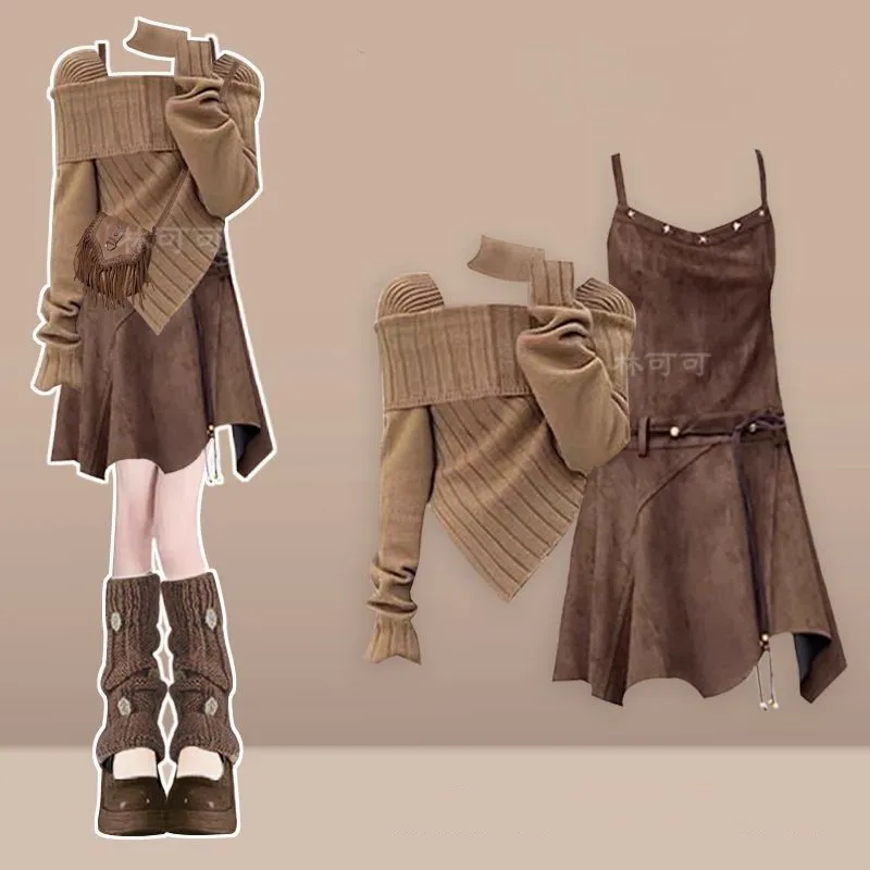 

Women's Winter New Vintage Knit Sweater+Sexy Strap Skirt Two Piece Suit 2025 Korean Elegant Short Pullover Dress Matching Set