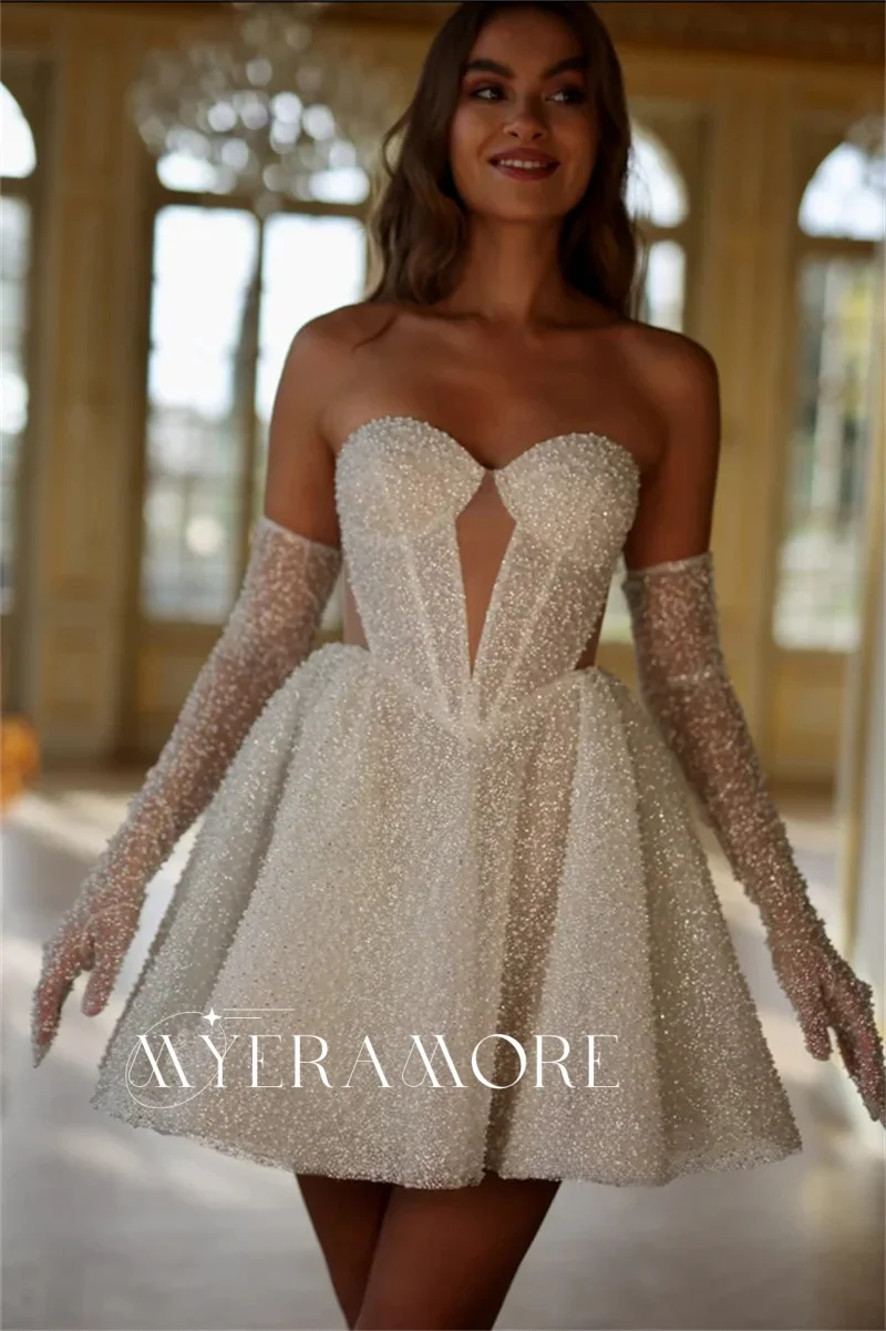 Glitzerndes kurzes Hochzeitskleid für die Braut, Perlen-Geburtstagskleider in A-Linie mit Handschuhenausschnitt, Ballkleider, Vestidos de Novia, individuell gestaltet