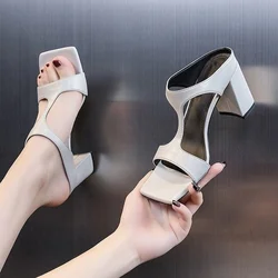 Women's High Heel Shoes 2022 Spring New Slippers Fashion Versatile Solid Color Medium Heel Thick Heel Square Toe Sandals Women