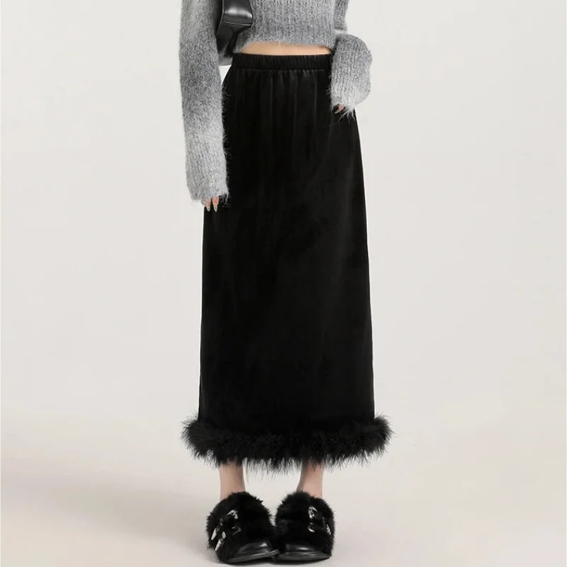 Women's Korean Style Black Velvet Midi Skirt Winter New Fleece Lined High-End Split A-Line Pencil Long Skirt
