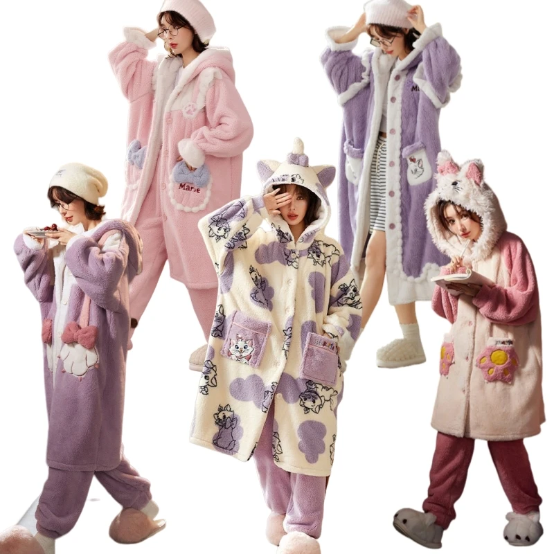 Kawaii Disney Marie Cat Autumn Winter Plush Girls Pajamas Suit Anime Thickened Hooded Nightgown Pants 2-piece Set Home Clothing