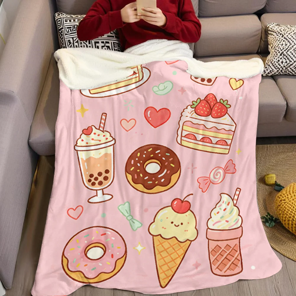 Kawaii Food Treats Flannel Blanket Warm Soft Halloween Christmas All-Season Couch Decorative Cozy Warm Gift