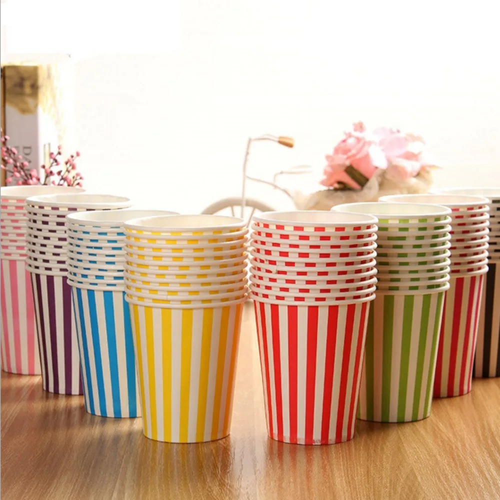 Gobelets en papier à rayures verticales jetables colorés, 12 pièces, gobelets en papier colorés pour fête d'anniversaire pour enfants, vente en gros
