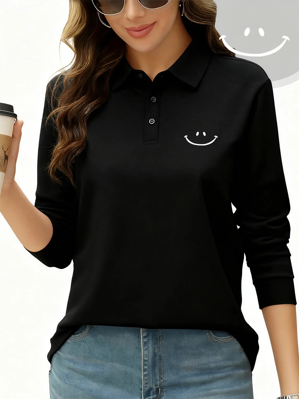 A Big Smiling Face Printing Polo Shirt Womens Sporty Long Sleeves Tops Spring Summer Breathable T-Shirts Casual Womans Clothes