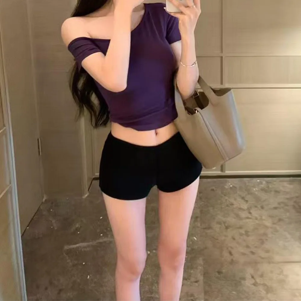 Slanted shoulder short sleeve T shirt Pure Desire polyester casual top with moderate elasticity regular length for everyday use