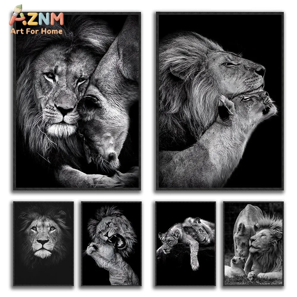 AZNM Black White Wild Lion Family Canvas Wall Art, Majestic African Wildlife Animal Portrait Painting, Modern Living Room Decor